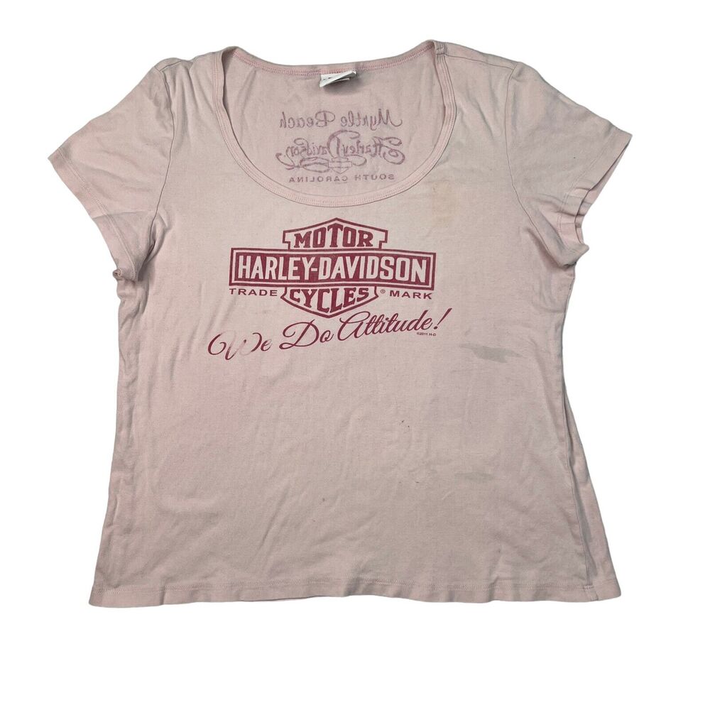 Harley Davidson Retro Y2K V-Neck Graphic Baby Tee T-Shirt Pink FLAW Womens XXL